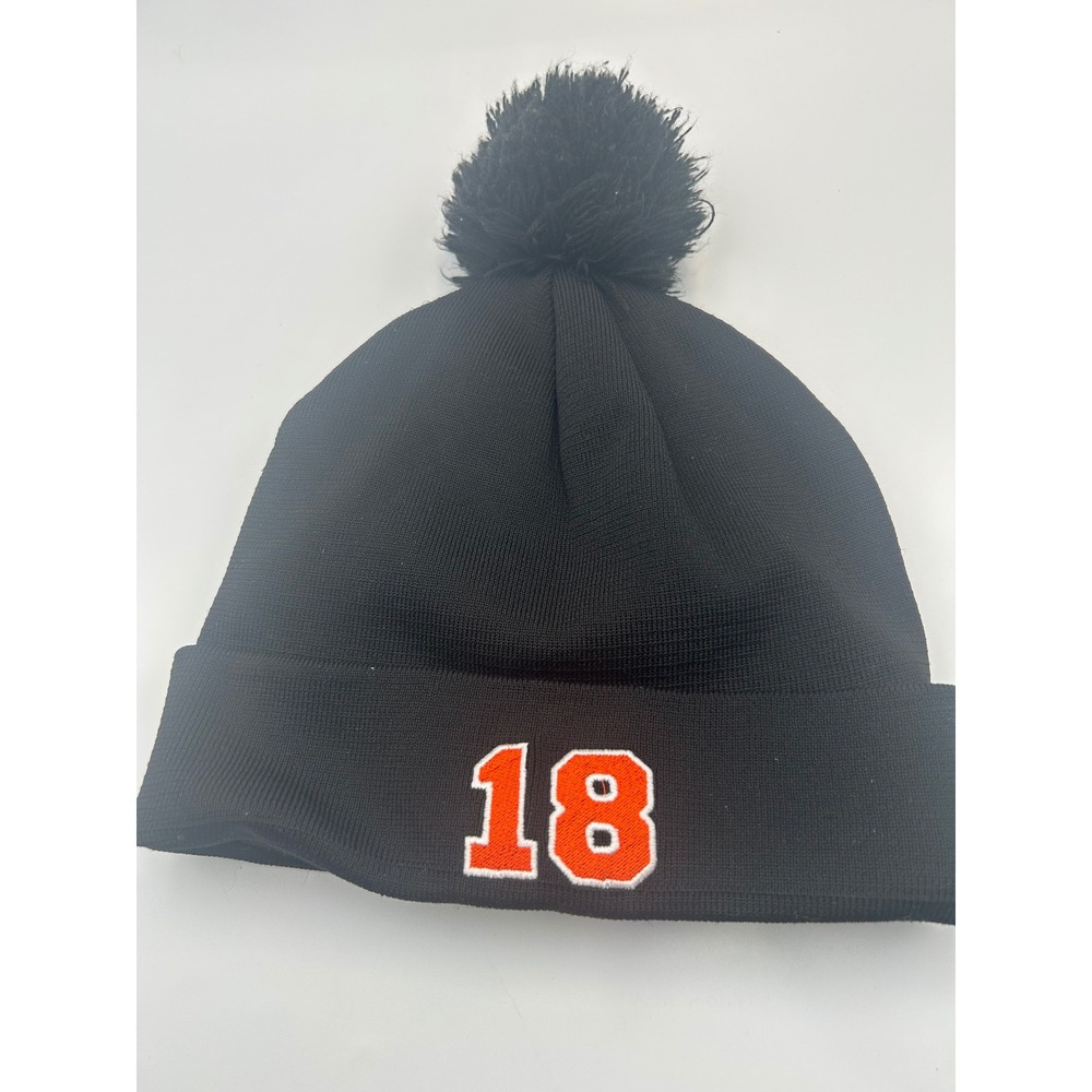 UNRL Black Knit Pom Beanie Hat Orange Shield Logo #18 Thermal Lining B914 - Picture 3 of 6